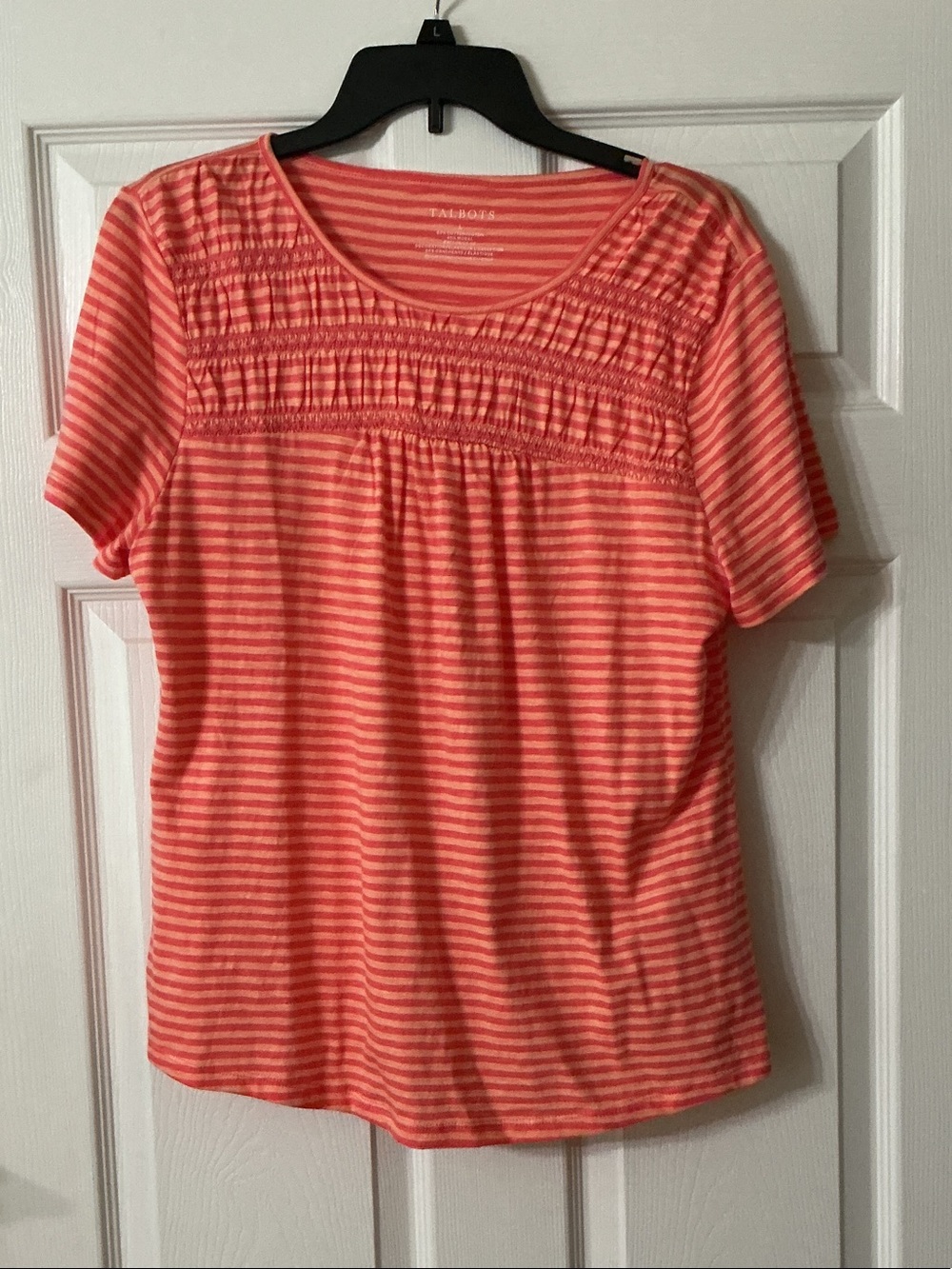 Talbots Coral and Light Pink Striped Short-Sleeve Smocked Yoke Top